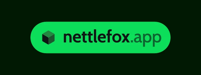 nettlefox.app logo: Cabin 700, badge layout, cube symbol, black and green and red