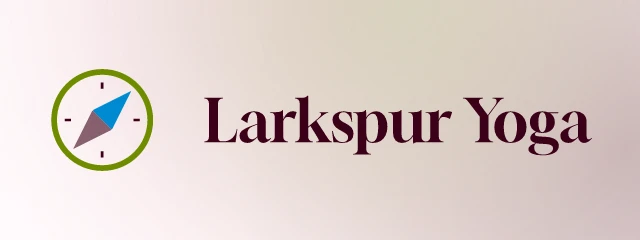Larkspur Yoga logo: Gloock 400, horizontal layout, compass symbol, plum and olive and blue