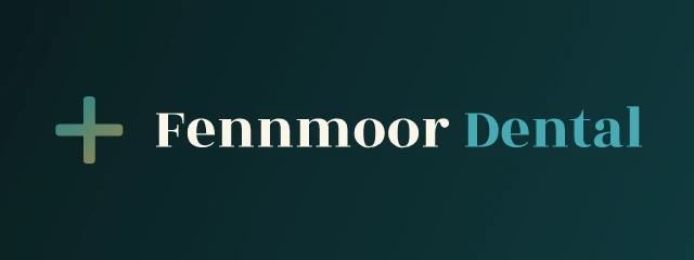 Fennmoor Dental logo: Rozha One 400, horizontal layout, cross symbol, brown and teal and olive