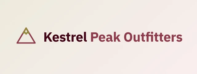 Kestrel Peak Outfitters logo: IBM Plex Sans 700, horizontal layout, peaks symbol, red and rust and gold