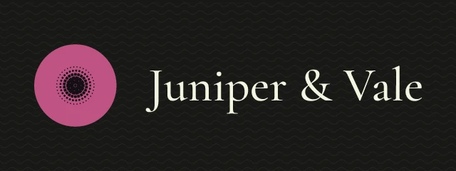 Juniper & Vale logo: Cormorant Garamond 500, horizontal layout, halftone symbol, black and pink and olive