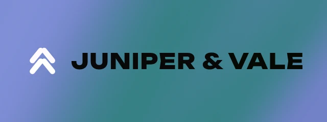 Juniper & Vale logo: Unbounded 800, horizontal layout, arrow symbol, olive and sky