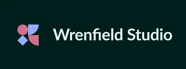 Wrenfield Studio logo: Lato 700, horizontal layout, tiles symbol, teal and pink and sky