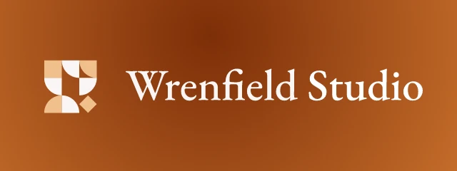 Wrenfield Studio logo: EB Garamond 500, horizontal layout, tiles symbol, brown and rust