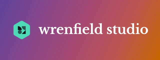 Wrenfield Studio logo: Libre Baskerville 700, horizontal layout, tiles symbol, navy and orange and purple