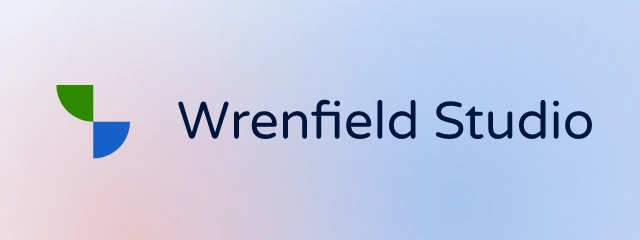 Wrenfield Studio logo: Varela Round 400, horizontal layout, tiles symbol, navy and green and blue