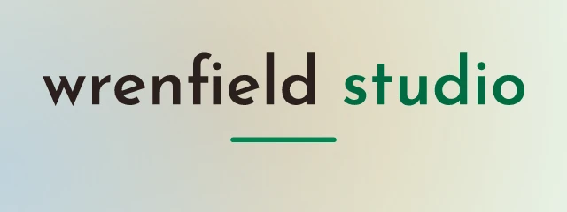 Wrenfield Studio logo: Josefin Sans 600, wordmark layout, none symbol, black and green and rust