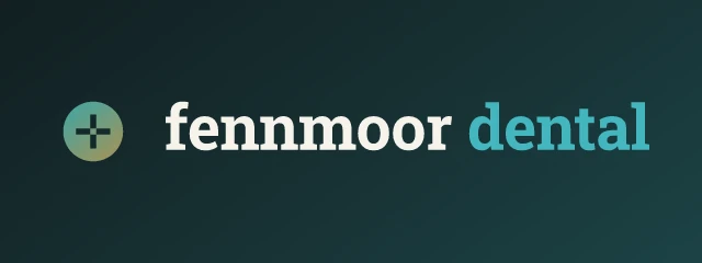 Fennmoor Dental logo: Roboto Slab 700, horizontal layout, cross symbol, black and teal and gold