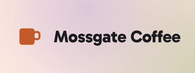 Mossgate Coffee logo: Gabarito 800, horizontal layout, cup symbol, black and orange and teal