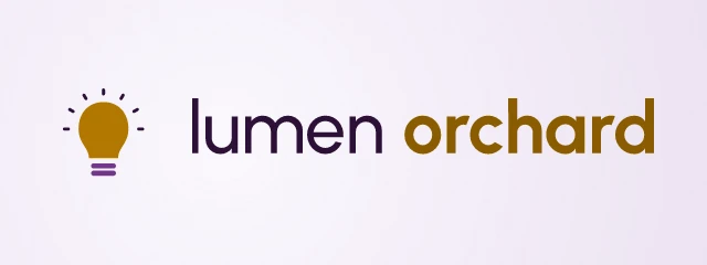 Lumen Orchard logo: Urbanist 500, horizontal layout, bulb symbol, purple and gold