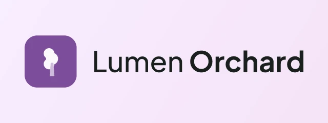 Lumen Orchard logo: Plus Jakarta Sans 500, horizontal layout, tree symbol, black and purple and gold