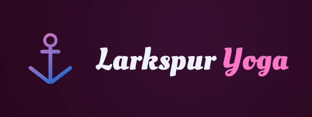 Larkspur Yoga logo: Oleo Script 700, horizontal layout, anchor symbol, navy and pink and blue