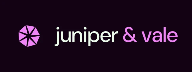 Juniper & Vale logo: DM Sans 500, horizontal layout, aperture symbol, green and pink