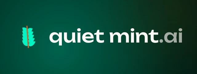 quietmint.ai logo: Unbounded 500, horizontal layout, sprig symbol, brown and teal and orange