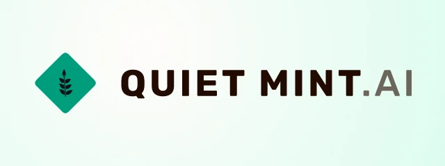 quietmint.ai logo: Rubik 700, horizontal layout, sprig symbol, brown and teal and orange