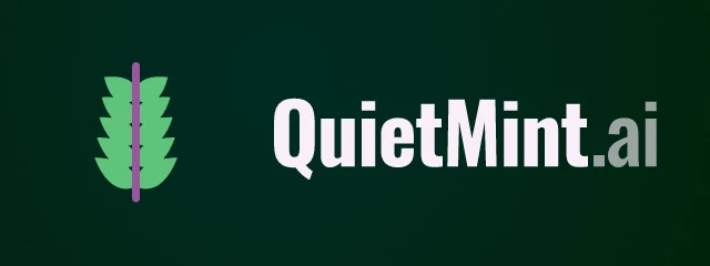 quietmint.ai logo: Oswald 700, horizontal layout, sprig symbol, plum and green