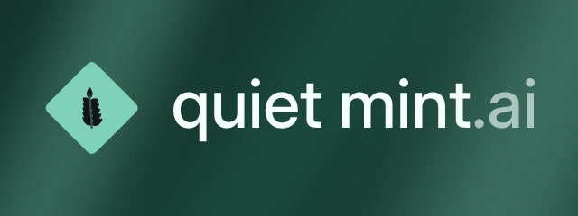 quietmint.ai logo: Inter 500, horizontal layout, sprig symbol, teal and sky