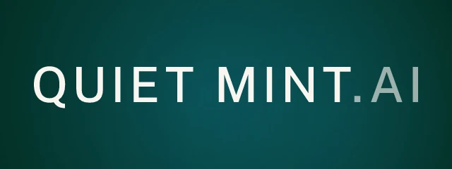quietmint.ai logo: Public Sans 500, wordmark layout, none symbol, brown and teal and sky