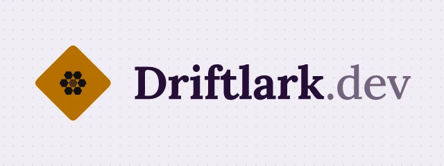 driftlark.dev logo: Lora 700, horizontal layout, hexcluster symbol, purple and gold