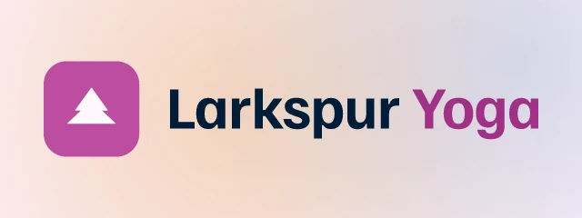 Larkspur Yoga logo: Familjen Grotesk 700, horizontal layout, tree symbol, navy and pink and orange