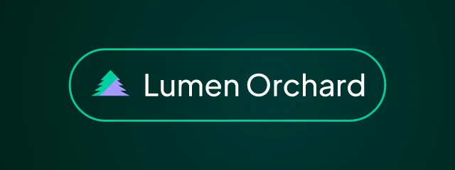 Lumen Orchard logo: Plus Jakarta Sans 500, badge layout, tree symbol, brown and teal and sky