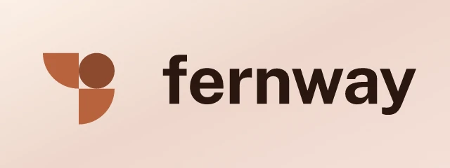 Fernway logo: Public Sans 700, horizontal layout, tiles symbol, brown and rust