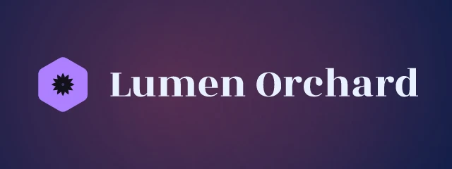 Lumen Orchard logo: Rozha One 400, horizontal layout, petal symbol, navy and sky and blue