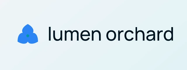 Lumen Orchard logo: Manrope 500, horizontal layout, petal symbol, navy and sky and blue
