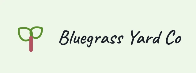 Bluegrass Yard Co logo: Caveat 600, horizontal layout, leaf symbol, navy and olive and red