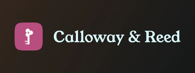 Calloway & Reed logo: Young Serif 400, horizontal layout, key symbol, black and red and orange