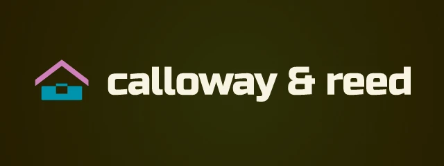 Calloway & Reed logo: Russo One 400, horizontal layout, house symbol, gold and pink and teal