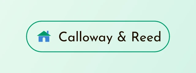 Calloway & Reed logo: Josefin Sans 400, badge layout, house symbol, brown and teal and sky