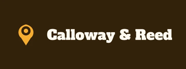 Calloway & Reed logo: Alfa Slab One 400, horizontal layout, pin symbol, brown and orange and rust