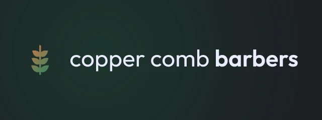 Copper Comb Barbers logo: Outfit 400, horizontal layout, sprig symbol, black and orange and teal