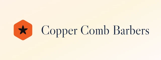 Copper Comb Barbers logo: Libre Caslon Display 400, horizontal layout, rosette symbol, navy and orange