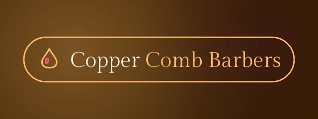 Copper Comb Barbers logo: Gilda Display 400, badge layout, drop symbol, navy and pink and purple