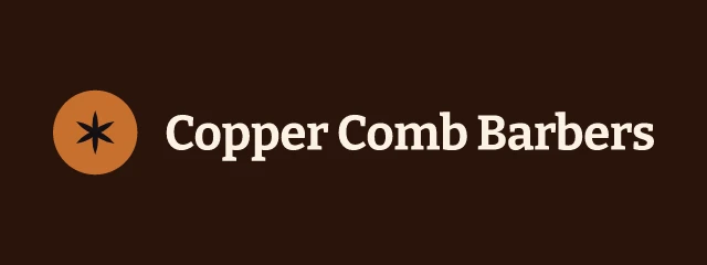 Copper Comb Barbers logo: Bitter 700, horizontal layout, rosette symbol, brown and rust