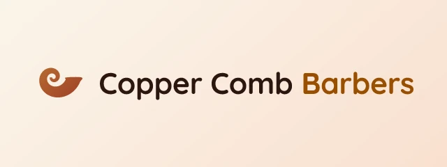Copper Comb Barbers logo: Quicksand 700, horizontal layout, spiral symbol, brown and rust and orange
