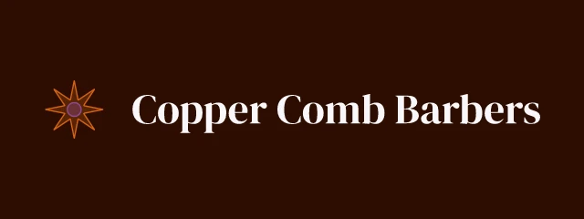 Copper Comb Barbers logo: DM Serif Display 400, horizontal layout, spark symbol, plum and orange and purple
