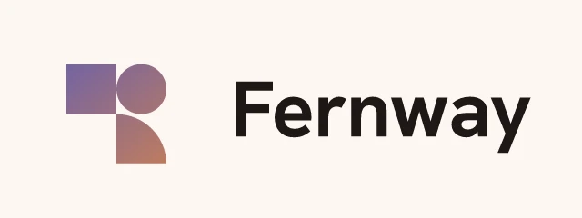 Fernway logo: Hanken Grotesk 700, horizontal layout, tiles symbol, black and purple and sand