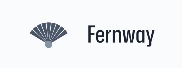 Fernway logo: Hubot Sans 500, horizontal layout, fan symbol, navy and sky
