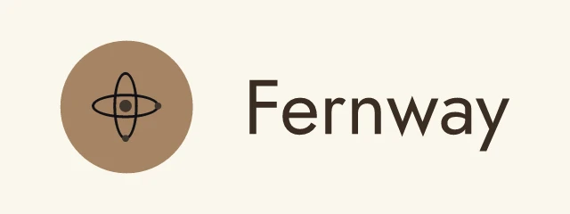 Fernway logo: Jost 400, horizontal layout, orbit symbol, brown and grey and sand