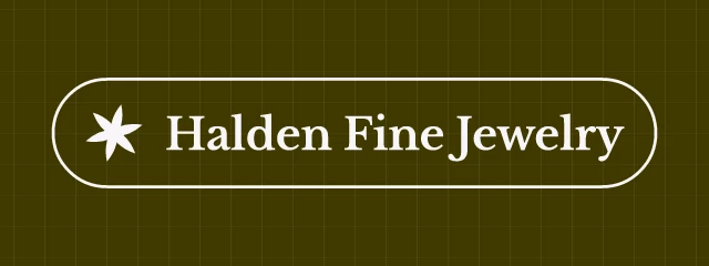 Halden Fine Jewelry logo: Libre Baskerville 700, badge layout, rosette symbol, purple and yellow