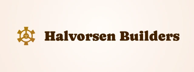 Halvorsen Builders logo: Caprasimo 400, horizontal layout, gear symbol, brown and gold and rust
