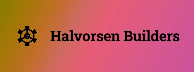 Halvorsen Builders logo: Roboto Slab 700, horizontal layout, gear symbol, navy and pink and yellow