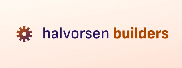 Halvorsen Builders logo: Sofia Sans 500, horizontal layout, gear symbol, navy and orange