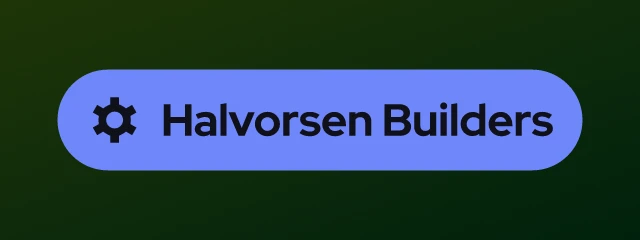 Halvorsen Builders logo: Red Hat Display 800, badge layout, gear symbol, green and sky and orange