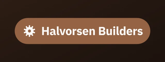 Halvorsen Builders logo: IBM Plex Sans 700, badge layout, gear symbol, brown and sand