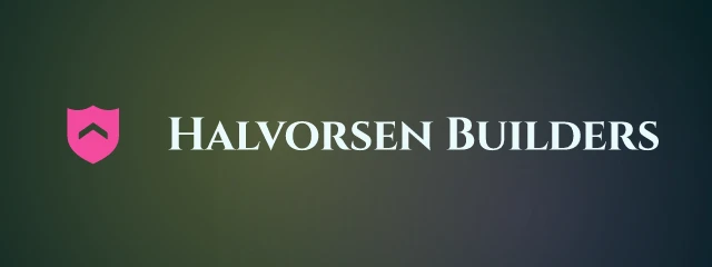 Halvorsen Builders logo: Cinzel 700, horizontal layout, shield symbol, navy and pink and orange