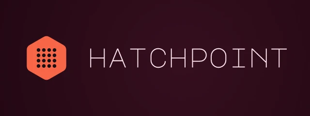 Hatchpoint logo: Major Mono Display 400, horizontal layout, dots symbol, black and orange and red